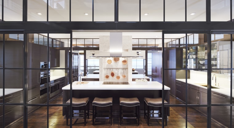 This homes entertaining kitchen is a fully equipped, architecture, interior design, lobby, black, white