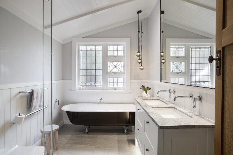 The Pacifica leadlight window and pendant lighting in bathroom, bathroom accessory, countertop, floor, home, interior design, room, sink, window, gray