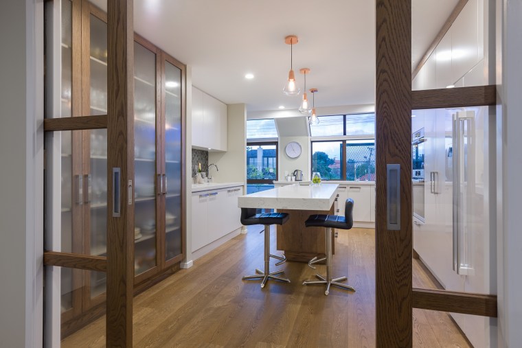 Feature copper pendants connect with the metal elements architecture, floor, flooring, house, interior design, real estate, window, gray, brown
