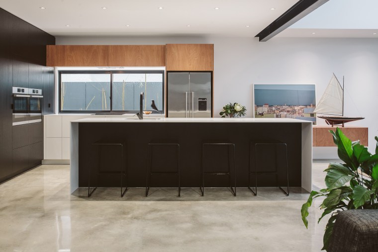 This kitchens slender Glacier White countertops underscore its furniture, interior design, kitchen, gray