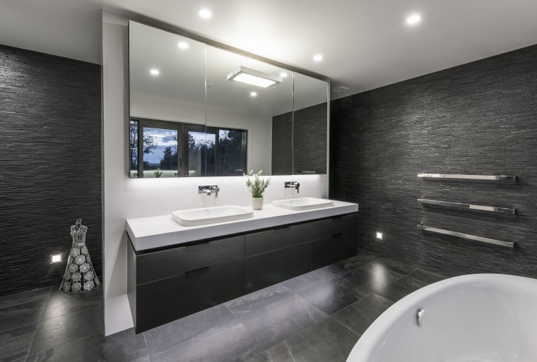 Despite the floor decoration on entry, this bathroom architecture, bathroom, interior design, room, black, gray