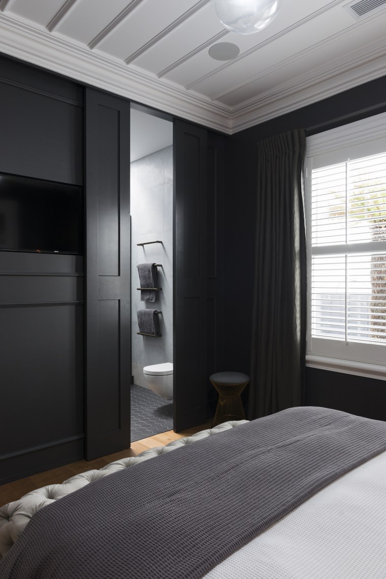 In this master suite makeover, the bedrooms custom architecture, ceiling, interior design, room, window, black, gray