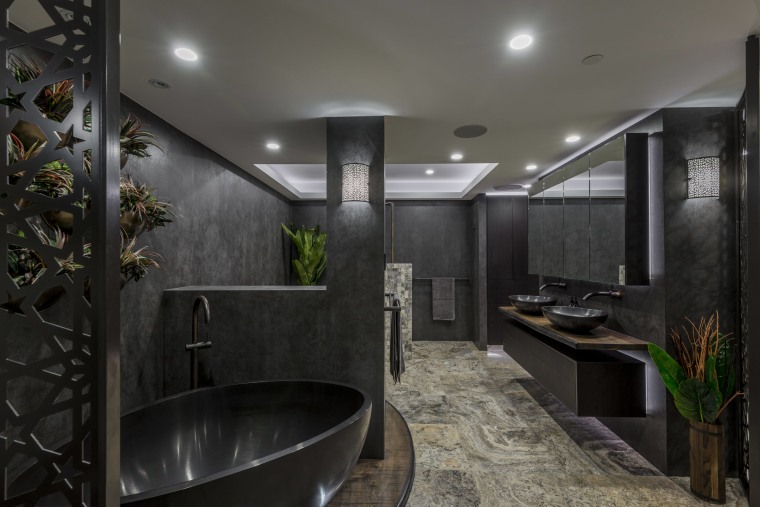 Walls were moved and immovable services concealed for architecture, ceiling, house, interior design, black, gray