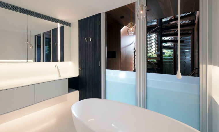 When this bathroom's frameless sash windows are open, architecture, bathroom, bathtub, building, floor, furniture, home, house, interior design, plumbing fixture, property, real estate, room, sink, tap, gray