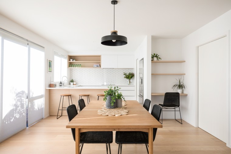 Lightly coloured timber floors with minimal knots, feature dining room, furniture, interior design, room, table, white