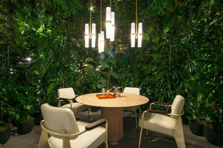 On the other side of the model home, backyard, building, furniture, garden, house, interior design, patio, property, real estate, restaurant, room, table, green, brown
