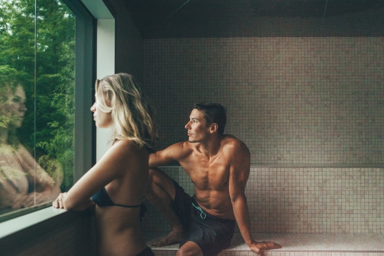 Unlike most steam baths of this type, the barechested, leisure, muscle, photography, black, gray