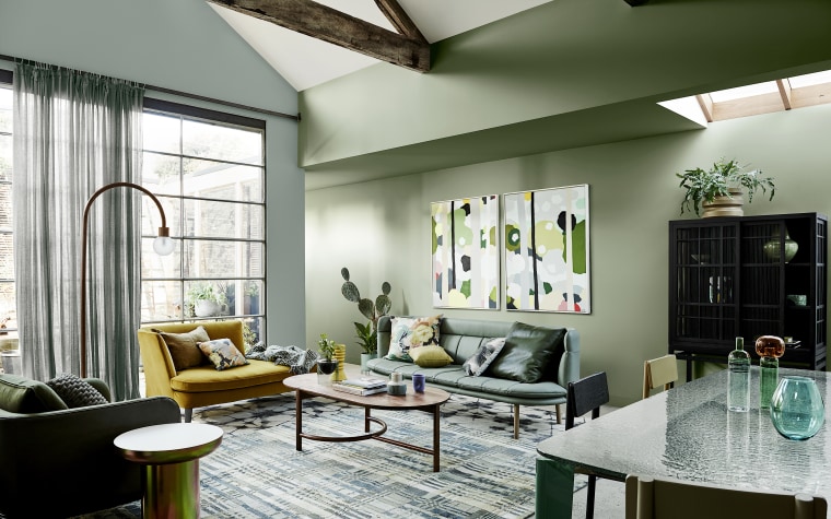 Dulux Colour Forecast 2020 Cultivate Palette. Colours: Dulux architecture, building, ceiling, coffee table, couch, daylighting, floor, flooring, furniture, green, home, house, interior design, living room, loft, property, real estate, room, table, wall, yellow, white, gray