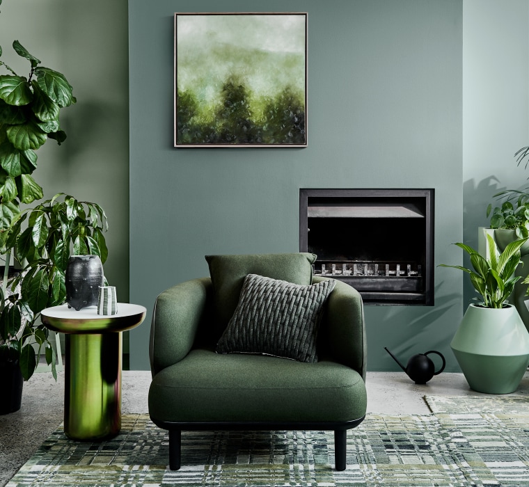 Dulux Colour Forecast 2020 Cultivate Palette. Colours: Dulux chair, couch, flowerpot, furniture, green, houseplant, interior design, living room, plant, room, table, wall, gray
