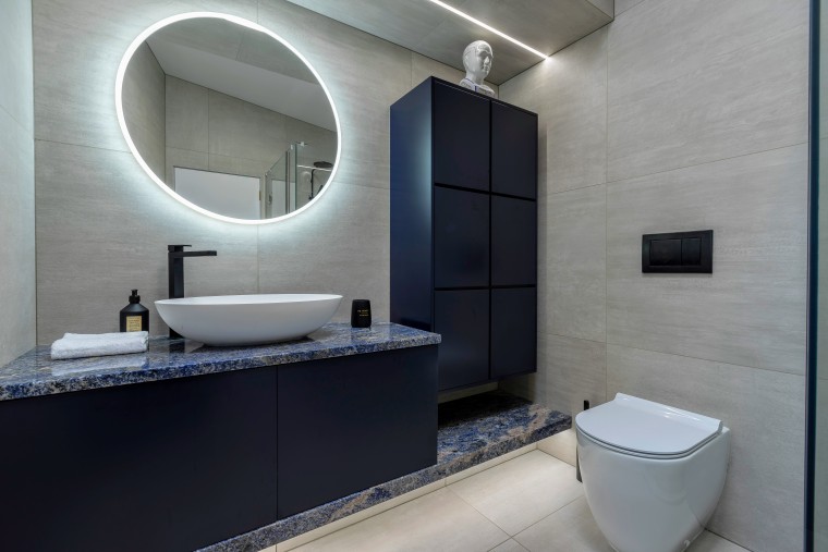 Utilising the full width of the room for bathroom, bathroom accessory, interior design, room, sink, gray, black