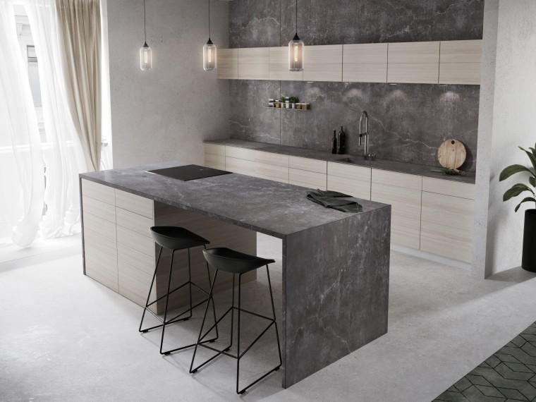 Cosentino Dekton Kitchen Laos cabinetry, concrete, countertop, cuisine classique, floor, flooring, furniture, interior design, kitchen, table, tile, wall, gray, white