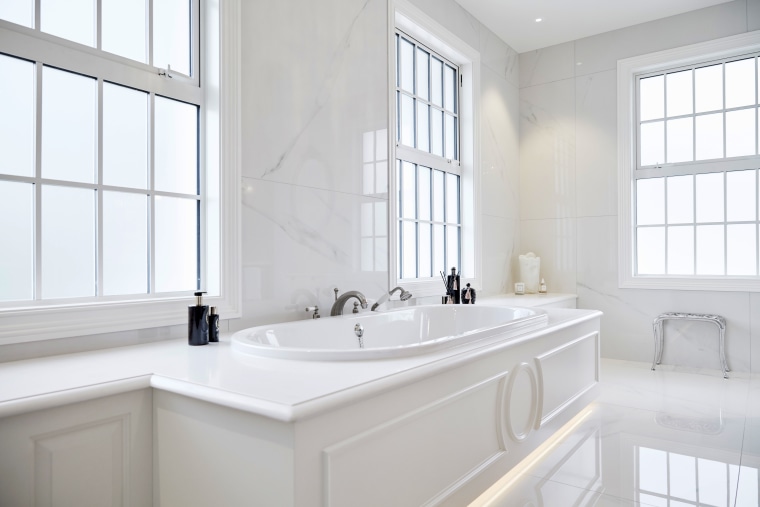 All the elements that make up this ensuite architecture, bathroom, bathroom accessory, bathtub, floor, flooring, furniture, plumbing fixture, sink, tap, tile, white, ingrid geldof design