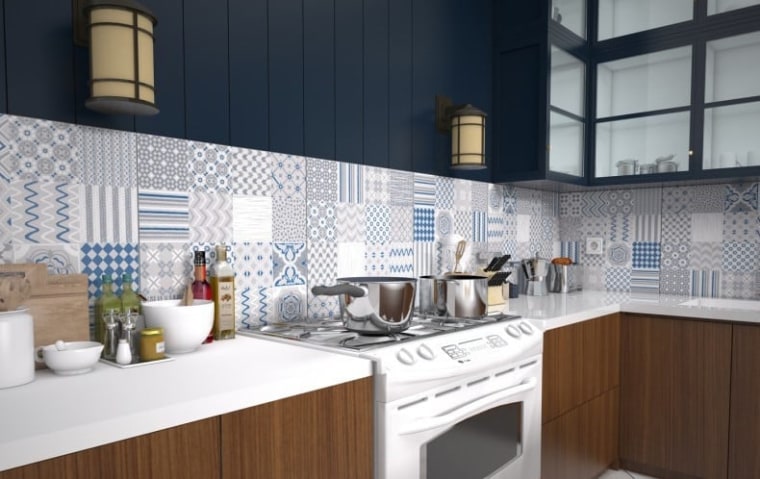 A mixture of 16 different graphics on each countertop, cuisine classique, interior design, kitchen, white, black