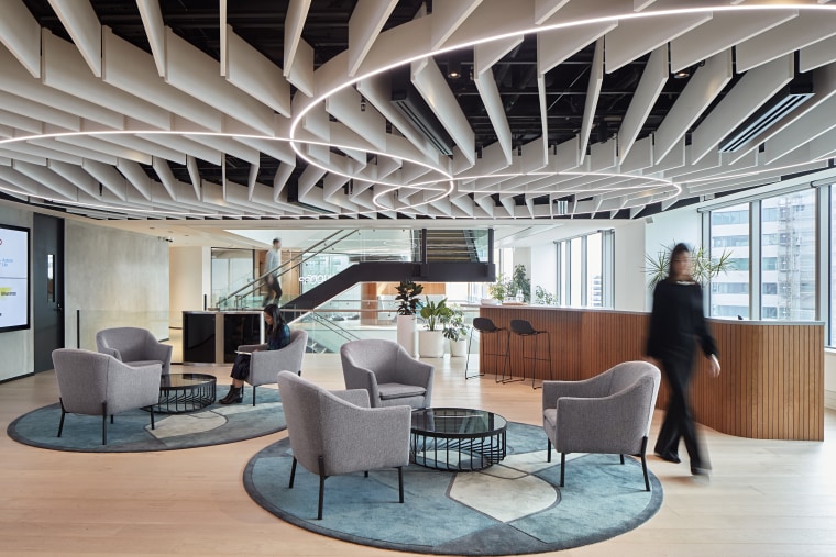 The mid-level of Suncorp’s consolidated new five-level premises architecture, ceiling, daylighting, furniture, interior design, lobby, gray