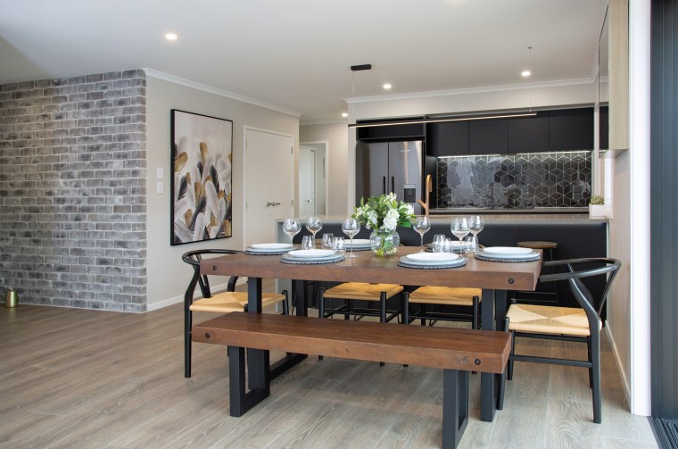 Exterior feature matte brickwork wraps on into the building, cabinetry, ceiling, coffee table, design, dining room, floor, flooring, furniture, hardwood, home, house, interior design, laminate flooring, living room, loft, property, real estate, room, table, tile, wall, wood, wood flooring, gray