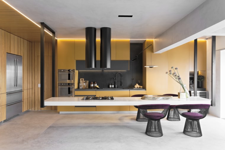 Innovation – and levitation! – defines this kitchen, architecture, bathroom, building, cabinetry, ceiling, countertop, floor, flooring, furniture, home, house, interior design, living room, material property, property, room, sink, table, tap, tile, gray