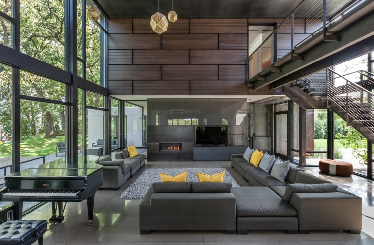 The children’s bedroom wing is clad in the house, interior design, living room, real estate, black, gray