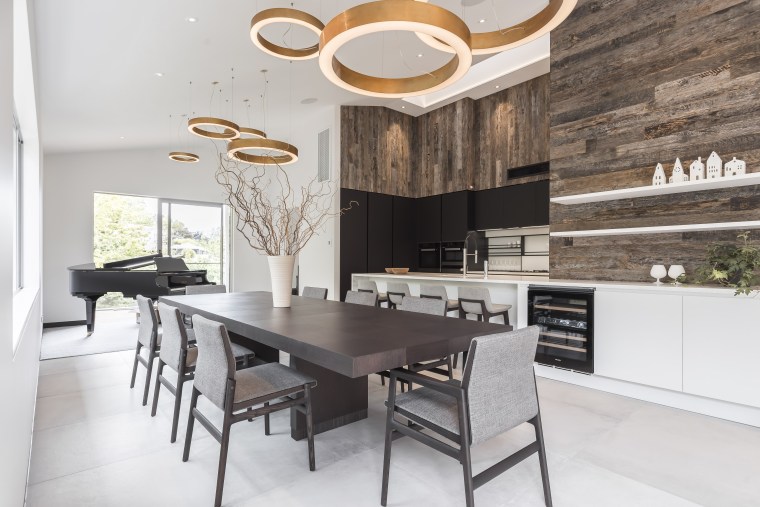 Designed by Marketa Ramage of Studio Italia to countertop, cuisine classique, dining room, floor, interior design, kitchen, table, white