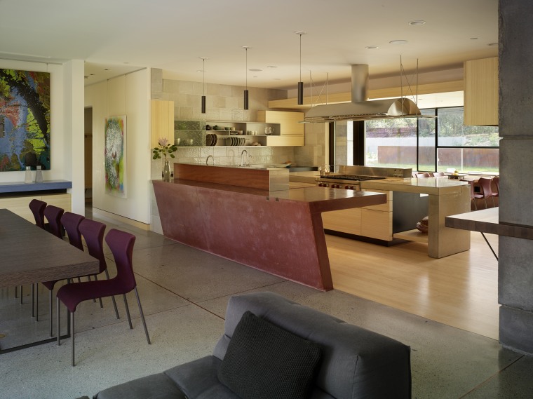 An angled, oxide red concrete island delineates this architecture, floor, tiles, concrete, furniture, house, interior design, living room, FuTung Cheng, Cheng Design