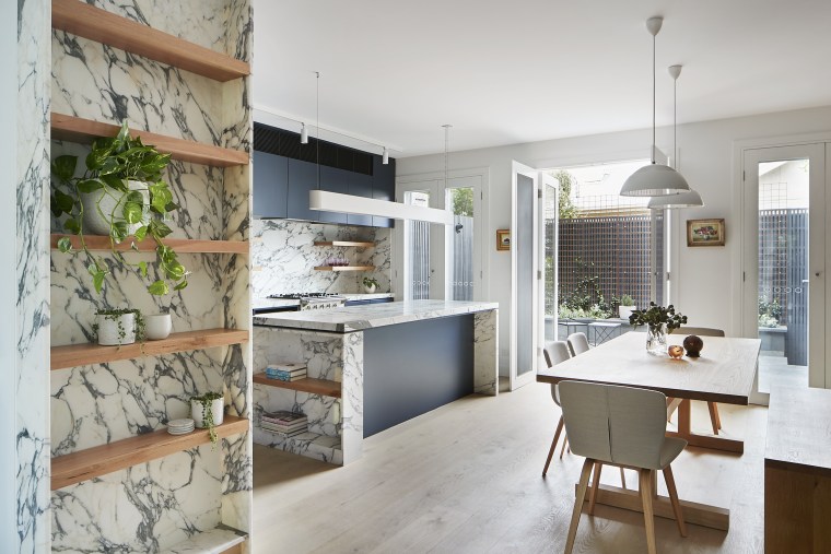 Rooms were merged and French doors with matching countertop, home, interior design, kitchen, Rob Nerlich, Mcmahon and Nerlich, grey cabinetry, Marble benchtop, countertop