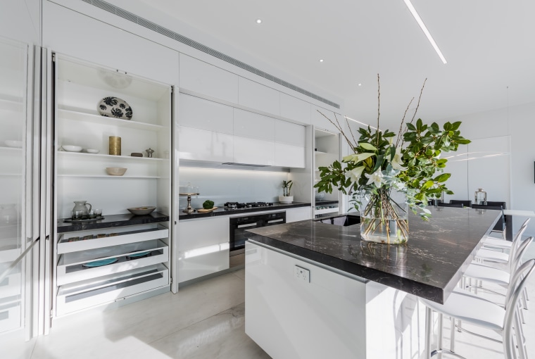 This kitchen features two tall wall cabinets, to countertop, interior design, kitchen, white cabinetry, Ceasarstone benchtops, countertop, Emma Morris, Eternodesign,