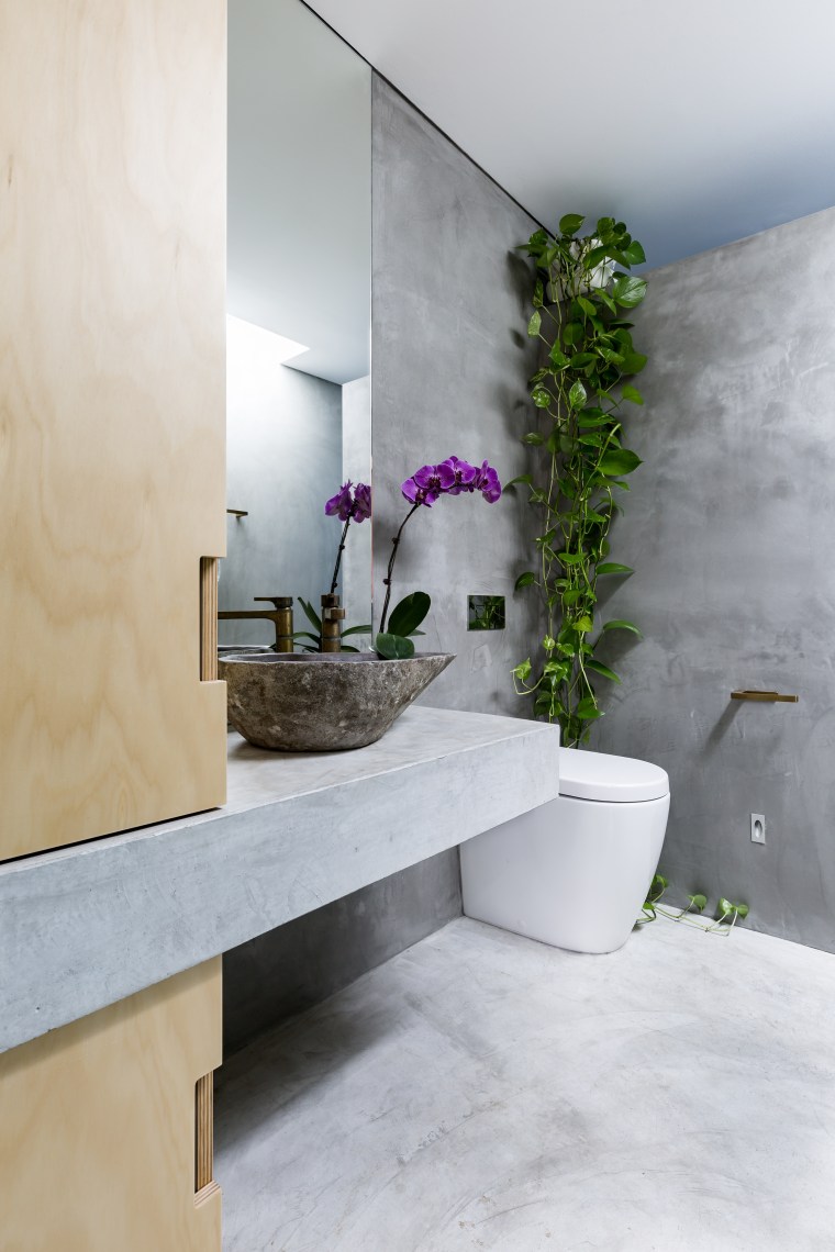 An Illume, solar-powered skylight alternative brings a beautiful architecture, bathroom, floor, home, house, interior design, room, tap, tile, wall, gray, concrete vanity top, Arc Seven