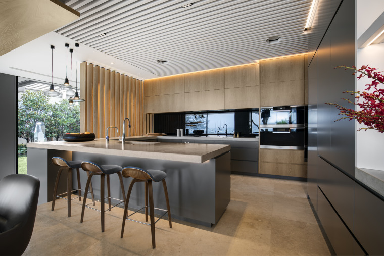 Complete with a concrete countertop, this kitchen is architecture, benchtop, house, interior design, kitchen, concrete, timber, SAOTA