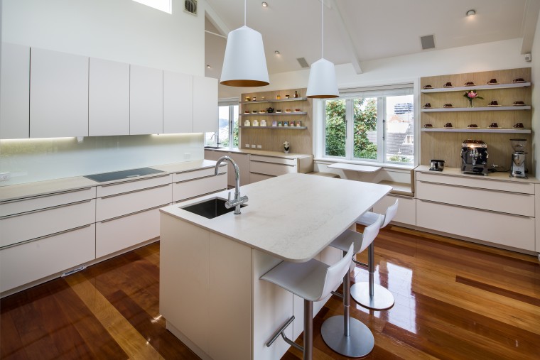 Two sinks, myriad benchtops and plenty of space cabinetry, benchtop, timber flooring, interior design, kitchen, white