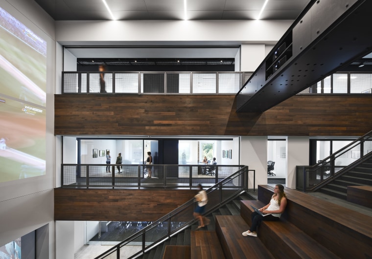 The monumental staircase in the Chicago Tribune’s new architecture, ceiling, interior design, lobby, stairway, Chicago Tribune, Office fitout, Eastlake Studos