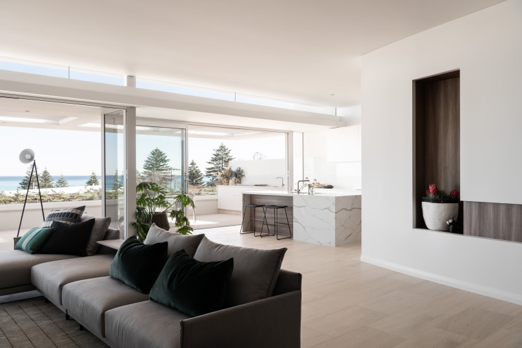 In these luxury seaside Overton Apartments in Cottesloe, apartment, architecture, timber floor, home, interior design, living room, sea views, furniture, furnishings, Banham Architects
