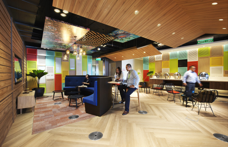 This cafe/breakout hub in the new Microsoft offices ceiling, interior design, lobby, orange, brown