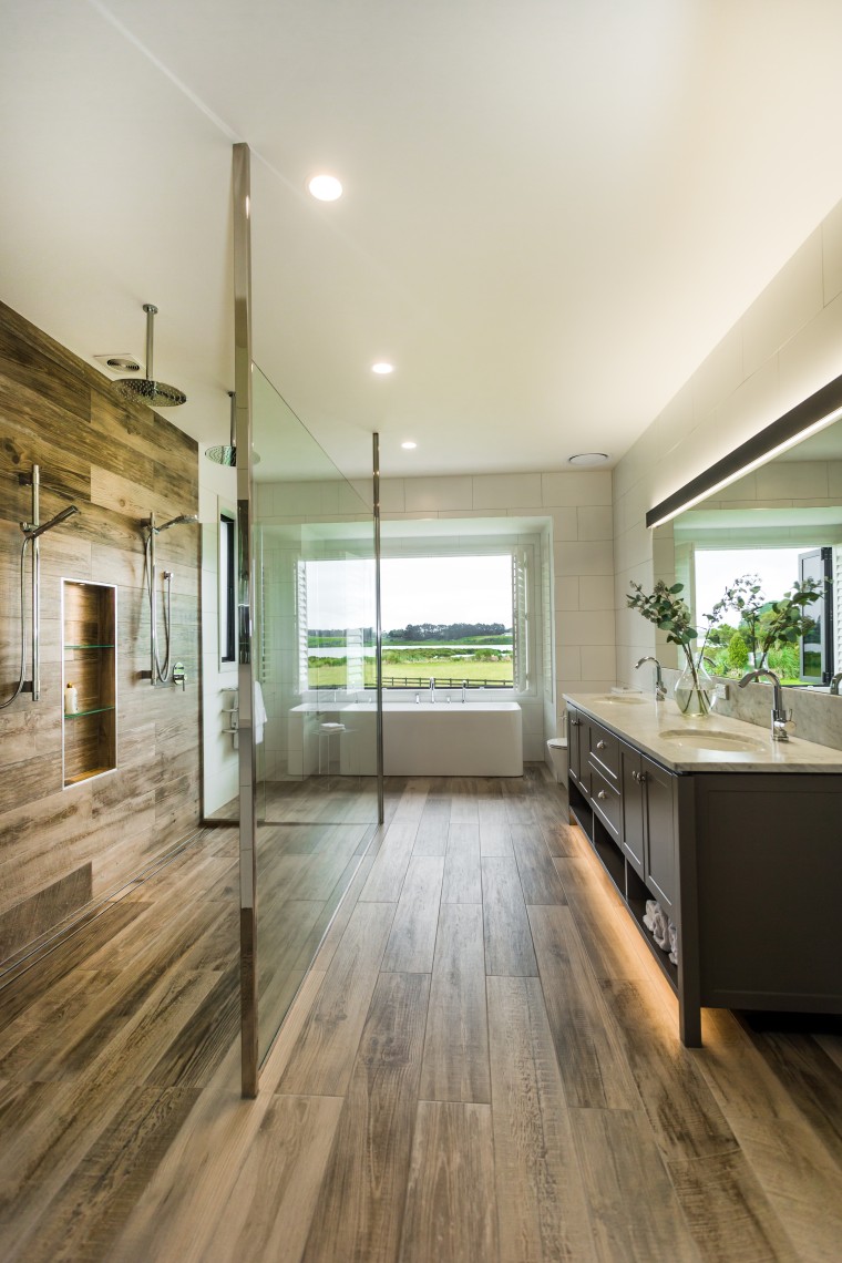 ​​​​​​​Wood-look ceramic floor tiles run the length of architecture, floor, flooring, ceramic tiles, yellowfox, vanity