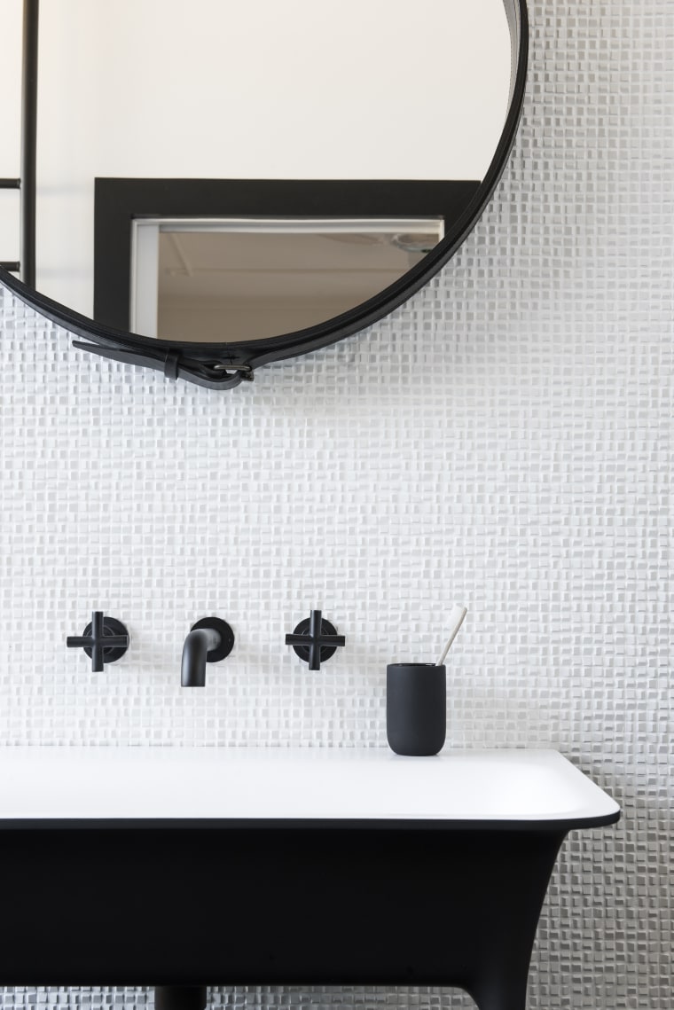 This contemporary, two-tone bathroom by Minosa benefits from bathroom, black, black-and-white, furniture, mirror, table, tile, wall, white, Minosa, Darren Genner