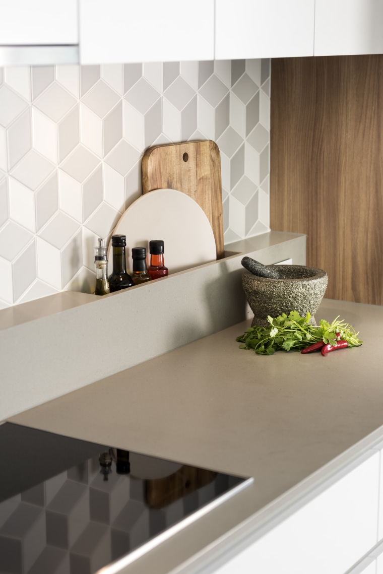 ​​​​​​​Turning the rear benchtop up the wall added ceramic, countertop, interior design, kitchen, shelf, tile, wall, white