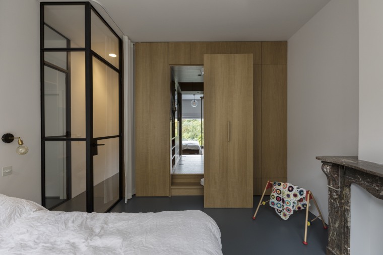 Internal glazing at the entrance to this bedroom apartment, architecture, bed, bed frame, bed sheet, bedroom, building, ceiling, comfort, door, floor, furniture, house, interior design, property, real estate, room, suite, wall, gray, brown