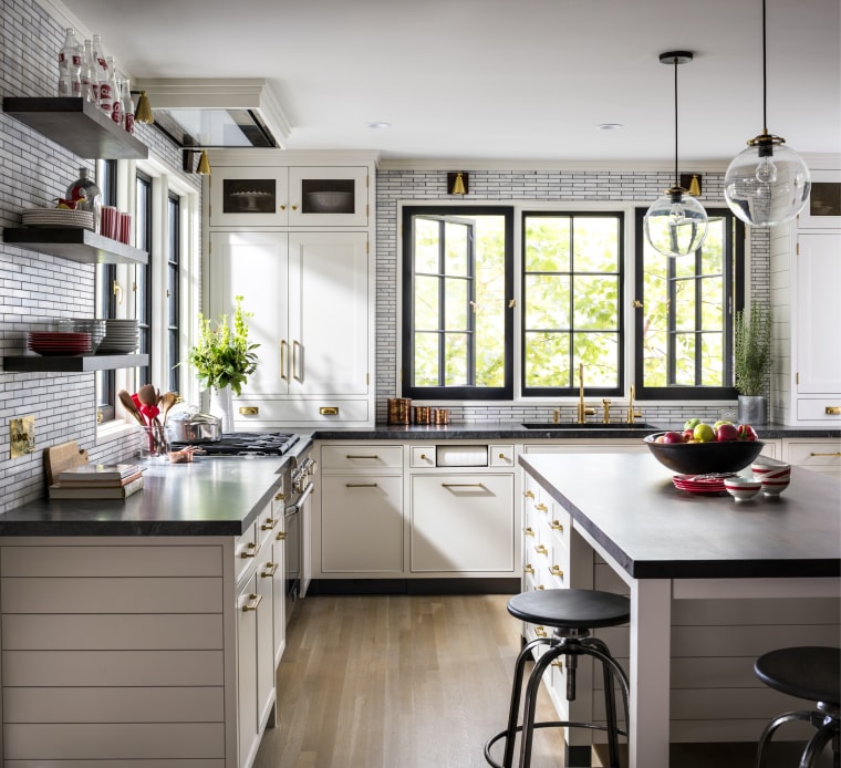 For this project, designer Sarah Robertson – also Kitchen, cabinetry, countertop, floor, flooring, furniture, home, house, interior design, kitchen, table, tile, wood flooring, Studio Dearborn