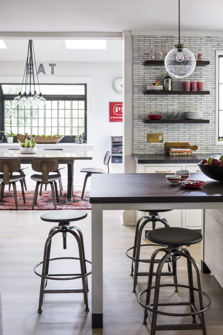This completely reinvented kitchen is a few short bar stool, cabinetry, countertop, dining room, floor, flooring, furniture, home, house, interior design, kitchen, Studio Dearborn