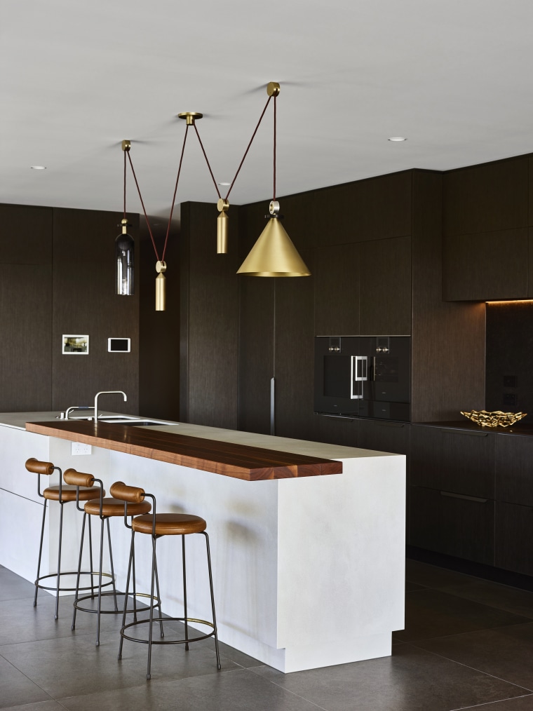 Apt companions – a counter-weighted lighting fixture shines architecture, bar stool, countertop, design, furniture, kitchen, light fixture, lighting, Darren James, Brass Lighting