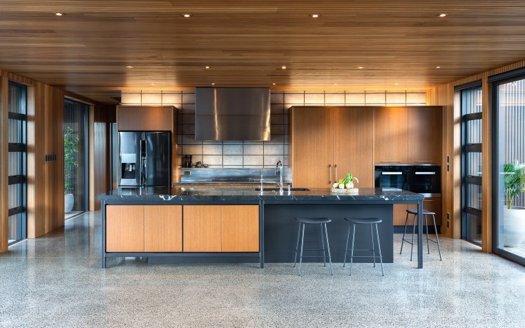 If the wood ceiling, concrete floor and rear architecture, building, cabinetry, ceiling, countertop, design, door, floor, flooring, furniture, glass, hardwood, home, house, interior design, kitchen, lighting, property, real estate, room, table, wood, wood stain, brown