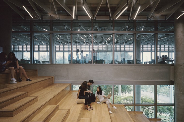 In a building design where learning, linking and architecture, building, ceiling, daylighting, floor, flooring, interior design, lobby, tourist attraction, wood, black, gray