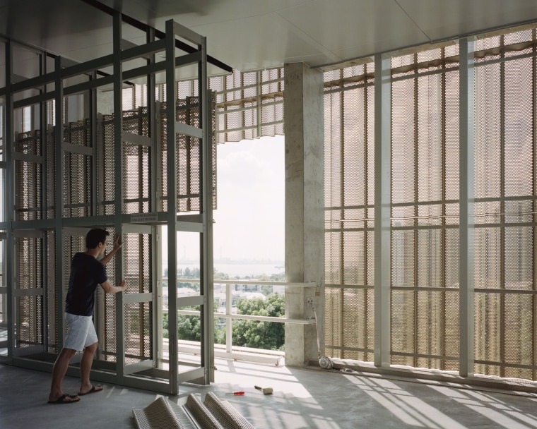 Elements of the SDE4 building’s façade at Singapore’s architecture, building, ceiling, daylighting, door, floor, furniture, glass, house, interior design, iron, room, textile, window, gray, black