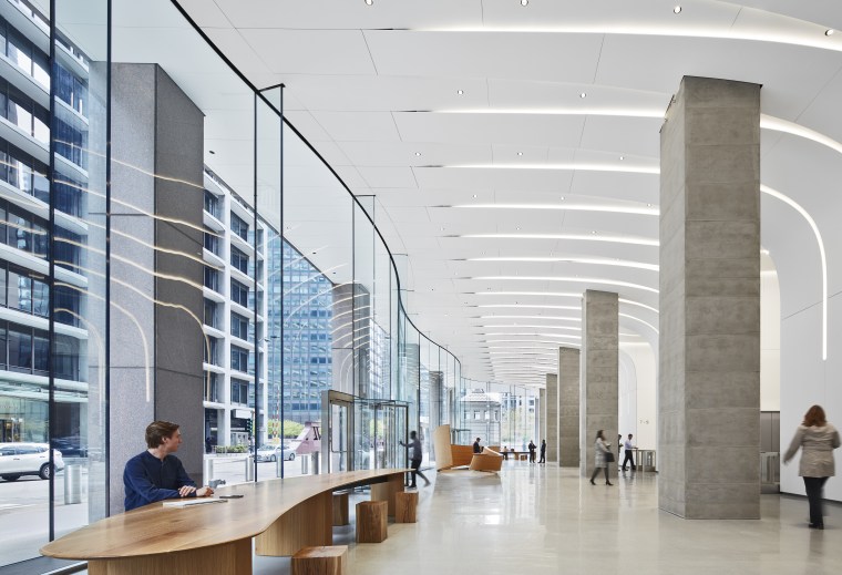 Designed by Krueck + Sexton Architects, the renovated architecture, building, commercial building, corporate headquarters, daylighting, glass, headquarters, interior design, lobby, metropolitan area, mixed-use, office, gray, white