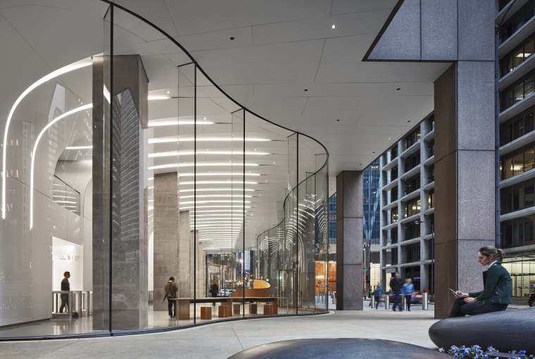 The new sinuous curving storefront on the CME architecture, building, commercial building, corporate headquarters, design, facade, glass, headquarters, interior design, lobby, metropolitan area, mixed-use, gray