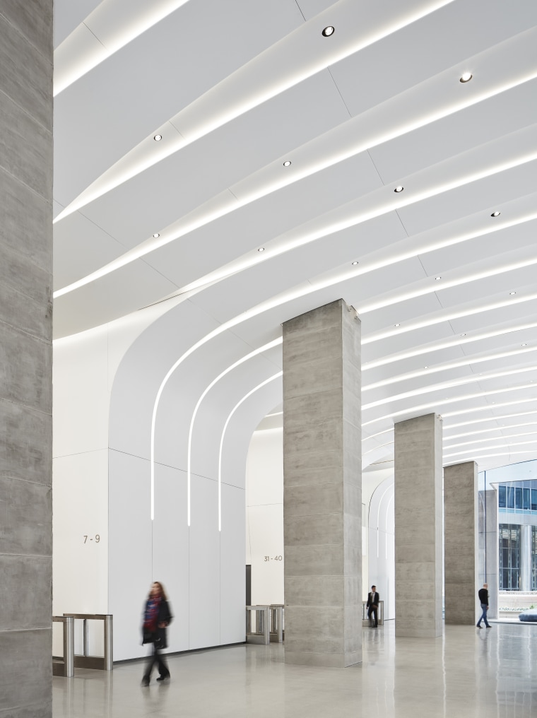 Made of tough composite Krion, the lobby wall architecture, building, ceiling, column, daylighting, interior design, line, lobby, material property, tourist attraction, white, gray