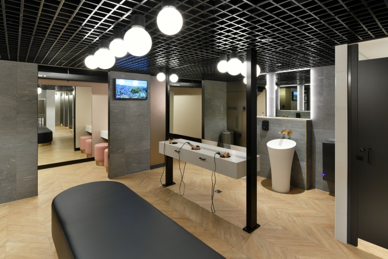End-of-trip facilities in the lower basement level at architecture, bathroom, building, ceiling, design, floor, flooring, furniture, house, interior design, lighting, loft, property, room, black