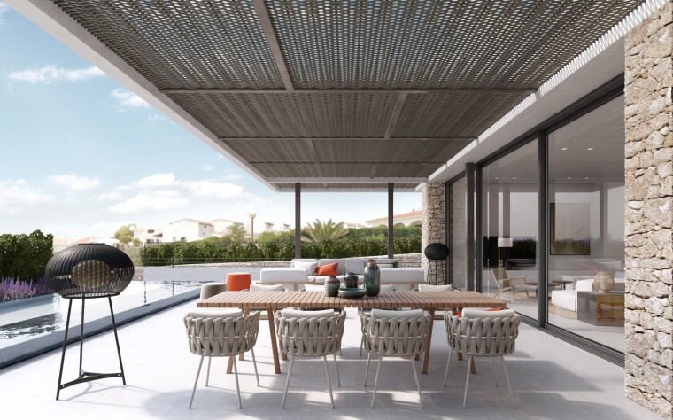 Island life – Terrace house, interior design, patio, real estate, roof, white, gray