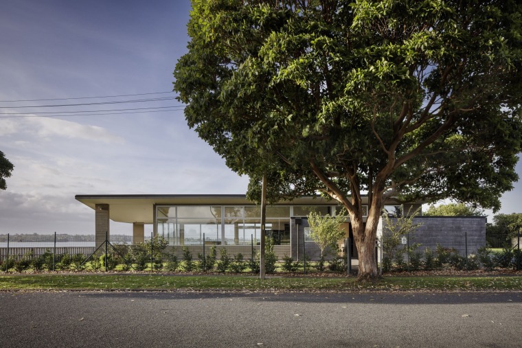 Anchored by two precast textured concrete “boxes”, a architecture, asphalt, building, facade, home, house, landscape, neighbourhood, plant, property, real estate, residential area, road, rural area, sky, street, suburb, tree, woody plant, gray, black