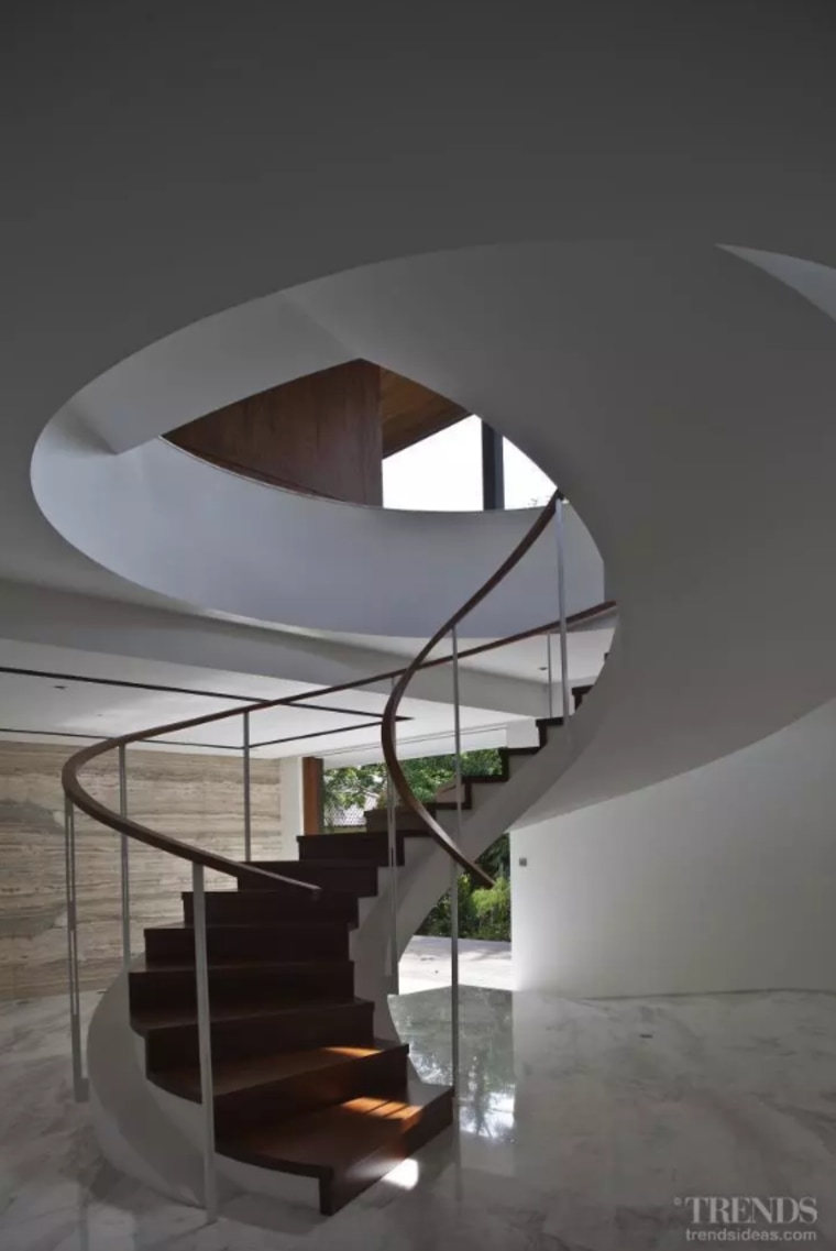 The circular shape of the oculus is echoed architecture, daylighting, design, handrail, house, interior design, room, stairs, black, gray
