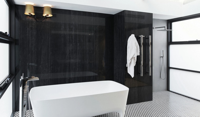 Ceramic, marble and stone tiles are stylish floor bathroom, bathroom cabinet, bathtub, black-and-white, building, door, floor, furniture, interior design, plumbing fixture, property, room, suite, tap, tile, black, white