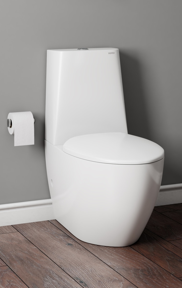 This toilet has a universal trap type (meaning angle, bathroom sink, bidet, ceramic, chair, plumbing fixture, product, tap, toilet, toilet seat, gray, white